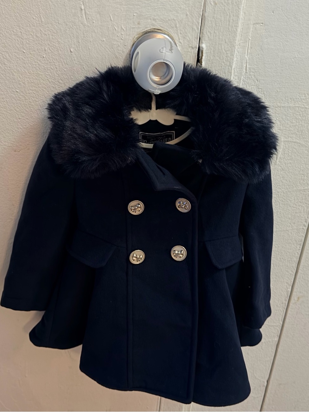 Rothschild Girls' Navy Double-Breasted Pea Coat with Faux Fur Collar